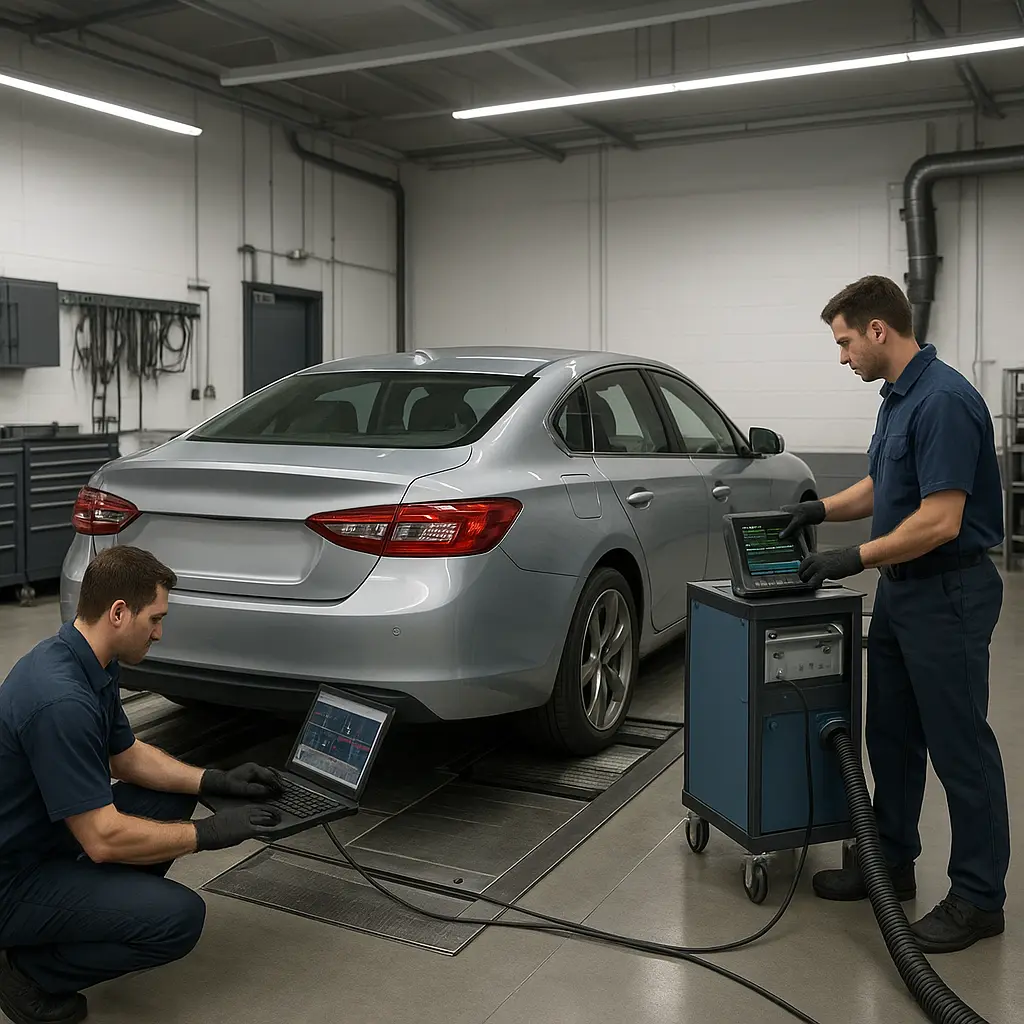 Fahrzeug auf dem Prüfstand in einer Tuning-Werkstatt